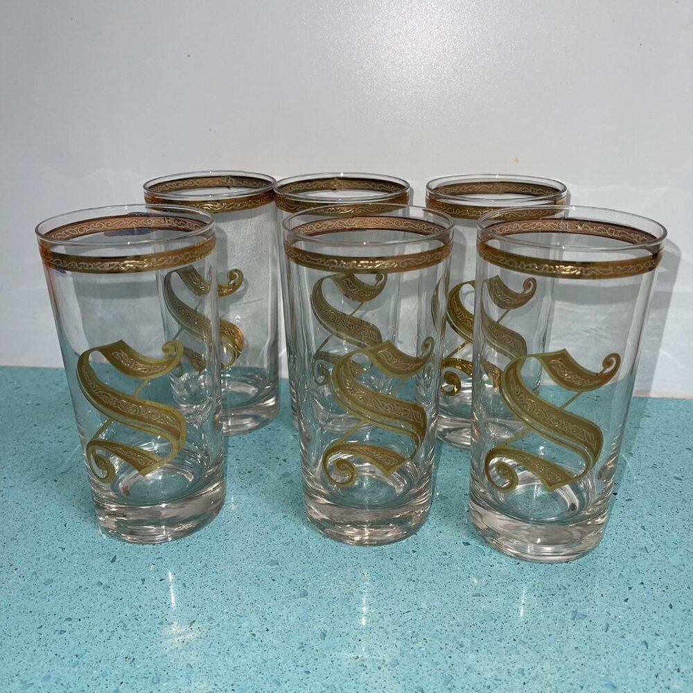 Culver 1960s Mid Century Highball Glasses Monogrammed S Set of 6
